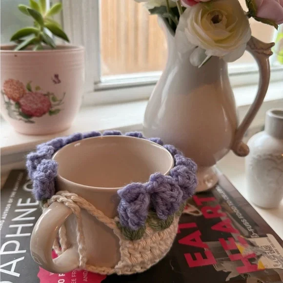 Handmade Crochet Floral Mug Cozy Purple & Green Cottagecore Coffee Cup Sleeve - Picture 5 of 5